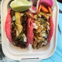 Carne asada and chicken tacos.  at Rico Rico Vegano in Oakland