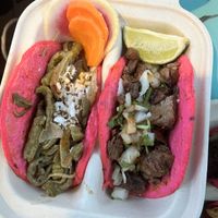 Al pastor and nopales tacos  at Rico Rico Vegano in Oakland