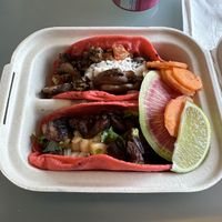 One carne asada taco and one mushroom taco  at Rico Rico Vegano in Oakland