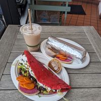 Quesadilla De Masa (soyrizo), Carne Asada Burrito and coconut horchata. at Rico Rico Vegano in Oakland