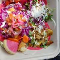 3 tacos- I got mushroom, chorizo and chicken. All good but I think the chorizo was best of those 3. at Rico Rico Vegano in Oakland