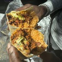 Soyrizo burrito with light onion   at Rico Rico Vegano in Oakland