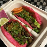 Last Nights Dinner: Buy One, Get One Free To-Go: Vegan Carne Asada Tacos 😛 Salsa Spicy (imo) but worth it! 💗  at Rico Rico Vegano in Oakland