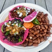 2-taco combo (soyrizo on top and seitan carne asada on the bottom) at Rico Rico Vegano in Oakland