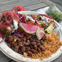 3 taco plate with rice & beans  at Rico Rico Vegano in Oakland