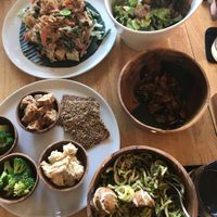 Gado Gado, salad bowl, kale chips, zucchini noodles/ falafel/ pesto dressing, smoked tempeh, crackers, hummus and broccoli...  at Living Food Lab Canggu in Canggu