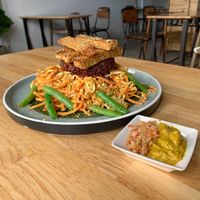 tempeh, rice, raw veggie noodles at Living Food Lab Canggu in Canggu