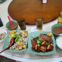 Fried rice with truffles, chef's recommendation dish (vegan beef, vegan pork and vegetables). Extra side dish with vegan seafood. Soup and tea included. Total ~130 HKD at Yat Sum Vegetarian - 一森素食 - Tsim Sha Tsui in Kowloon