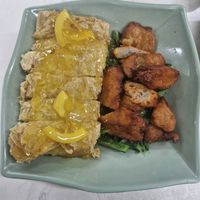 (17) Deep-fried vegan BBQ pork and lemon beancurd sheet with seasonal vegetables at Yat Sum Vegetarian - 一森素食 - Tsim Sha Tsui in Kowloon