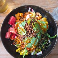 the tweets bowl! very nice bowl with a spicy sauce at Tweets in Ramsau Im Zillertal