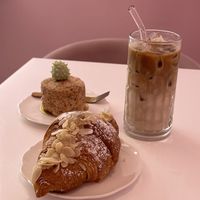 Vegan croissant, oat latte and hazelnut pastry  at Cream Dream in London