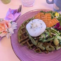 Spinach waffles with avocado, vegan salmon and vegan poached egg at Cream Dream in London