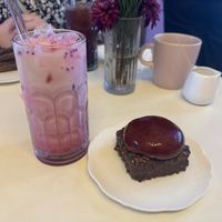 Dragonfruit matcha iced latte with a cherry tart   at Cream Dream - Covent Garden in London