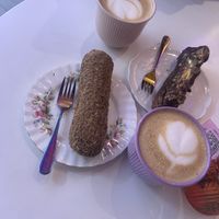 Delicious chocolate eclair and soy lattee  at Cream Dream in London