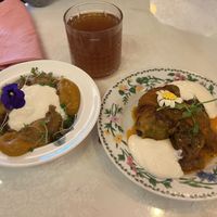 Varenyky with vegan meat, cabbage rolls with & rice & mushrooms and vegan meat and stewed fruit drink  at Cream Dream in London