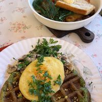 spinach waffle, kids english breakfastt  at Cream Dream - Covent Garden in London