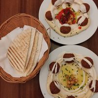 Hummus, falafel and bread - one spicy, one not. Both #3 on the menu. at Palestinian Restaurant - Spalena in Prague