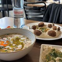 foul mdamas, hummus falafel, baba ganoush   at Palestinian Restaurant - Spalena in Prague