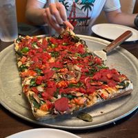 Large veggie pizza with vegan cheese at Toni's Pizza in Mount Pleasant