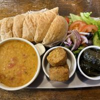 3 Tapas: Red lentil soup, falafel and vine leaves   at Tiamo's in Stockport