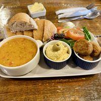 3 tapas: Red lentil soup, hummus and falafel  at Tiamo's in Stockport