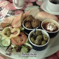 Tapas at Tiamo's - falafel, olives, smoky aubergine dip, bread and salad. at Tiamo's in Stockport