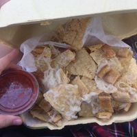 nachos with daiya mozzarella, fried tofu, and salsa at Reel Pizza Cinerama in Bar Harbor