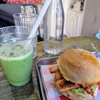 Iced oat matcha and a vegan bap at Coffee House 607 in North London