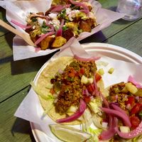 Spicy potatoes (top left), tacos al pastor (bottom right). at Antojitos - Edinburgh Street Food in Edinburgh