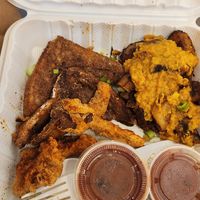 Half way through I stopped to take a picture, lol. French toast, fried oyster mushrooms,  potatoes,  and vegan egg scramble (I poured on top of the potatoes it didn't come that way at Mush - Pop-Up in Brentwood