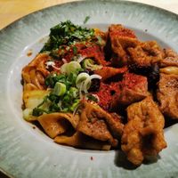 Vegan biang biang noodles with fried tofu and shiitake at Noodle Fan in Cologne