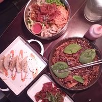My dishes: bibimbap (top) and dumplings (left) at SSAM Korean Food Bar in Copenhagen