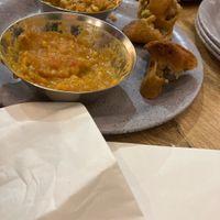 Samosas, chickpea stew and lentils stew.  at CHATWALA in Leicester