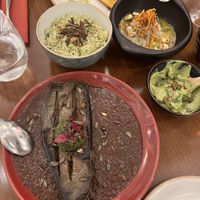 Roast aubergine, green herb rice, palm of hearts ceviche, guacamole  at Paladar in South East London