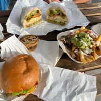 Caballero burger (junior), nacho fries, cookies, and meati chicken pesto sandwich  at Mission Burger Co in Austin