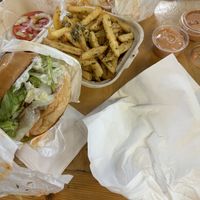 Buffalo chicken burger, garlic fries and tastyyyy sauce   at Mission Burger Co in Austin