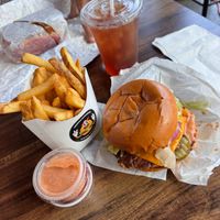 Jr. Mission burger with a side of french fries and sweet tea.  at Mission Burger Co in Austin
