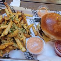 Brisket Jr Burger with Garlic Fries and side of mission sauce ($22) at Mission Burger Co in Austin