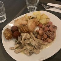 Gnocchetti alla rapa rosso, polpette di soia, crocchette di riso, patate al forno, straccetti di soia e funghi con latte di cocco, verdure in pastella   at Ops Cucina Mediterranea in Rome