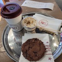 Dark chocolate and Almond butter cookie, Caramel Oat Latte & Lotus Biscoff Cake at DXB - Pret A Manger - T3 - A in Dubai
