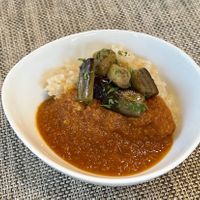 Brown rice with curry and eggplant.   at Pas a Pas in Miyota