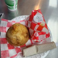 King Oyster Mushroom Coxinha - nice and dense with flavor next to latin chicken pesto sandwich #Veganuary at Fresh Life Cafe in Woodbridge