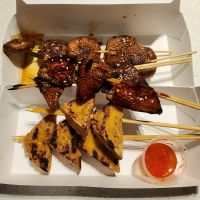 Skewers from top to bottom: portobello, shiitake, tofu at Boda in Portland