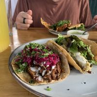 Tacos de seta, papa, fideo seco y birria  at Sarumino in Mexico City