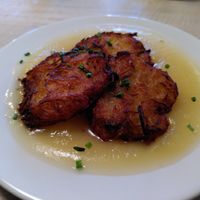 Grumbeerkicheler mit Appelmus (potato fritters with apple sauce) (vegan) at Brauhaus zum Stiefel in Saarbrucken