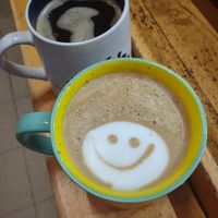 Oat milk latte with a smile at Three Mountain Cafe in Waitsfield