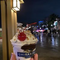 The mini-sized vegan hot fudge sundae (they also had a regular size)  at Walt Disney World - Ghirardelli Soda Fountain & Chocolate Shop  in Lake Buena Vista