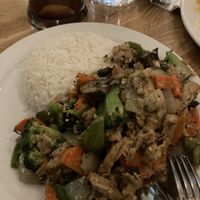 Ginger sauce plant-based chicken and vegetables stir fry  at Tula in Montreal