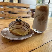 Iced coffee with hazelnut milk and limoncello donut  at Stricha in Tbilisi