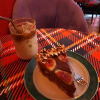 Ice latte with banana milk, chocolate and figues cake at Stricha in Tbilisi